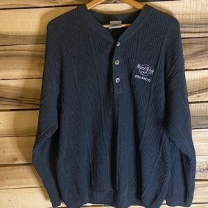 Hard Rock Cafe Men's Waffle henley Sweater size XL gray white embroidery
